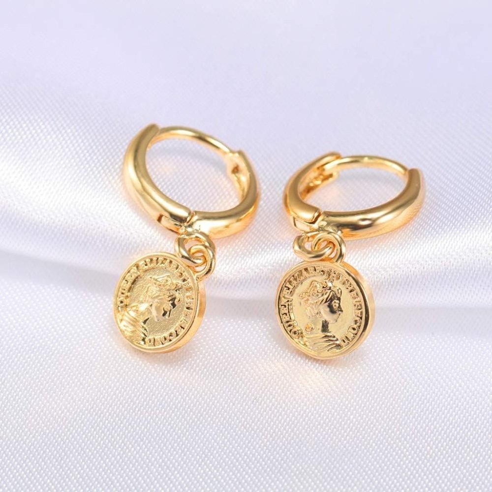 18K Gold Coin Dangle Earrings
